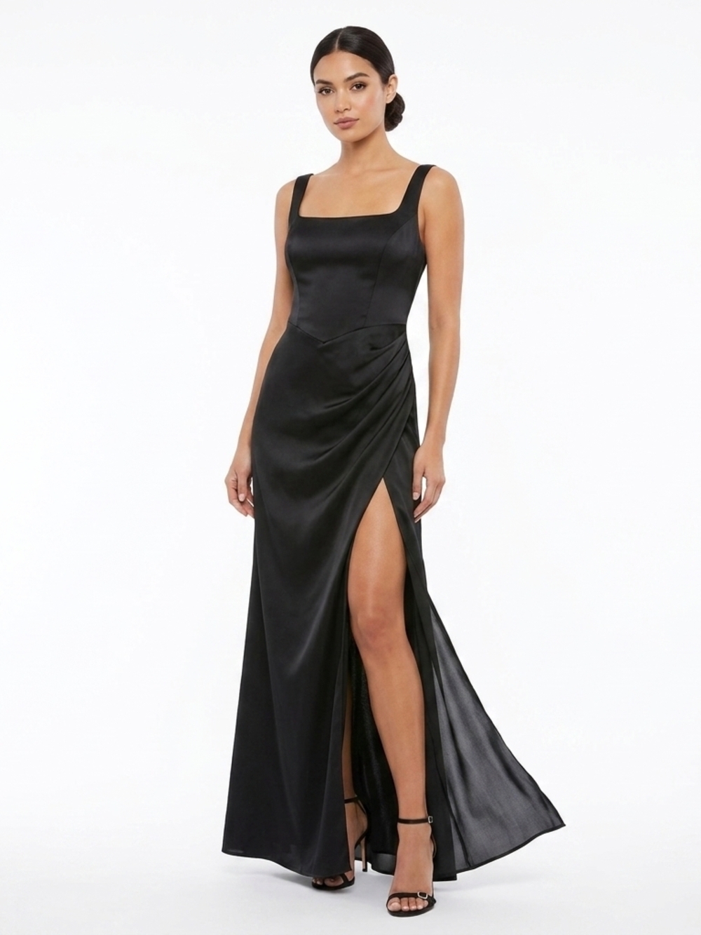 Azazie Black Square-Neck Maxi Gown with High Slit Size 14